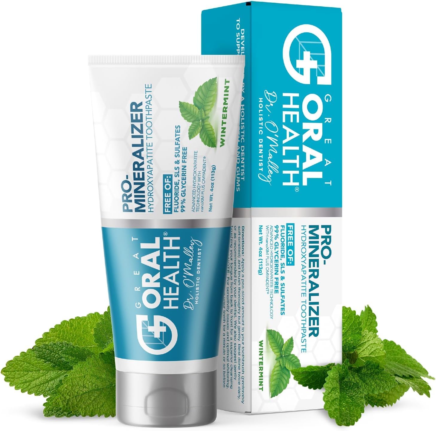 Great Oral Health nano hydroxyapatite toothpaste tube close-up showing enamel remineralization