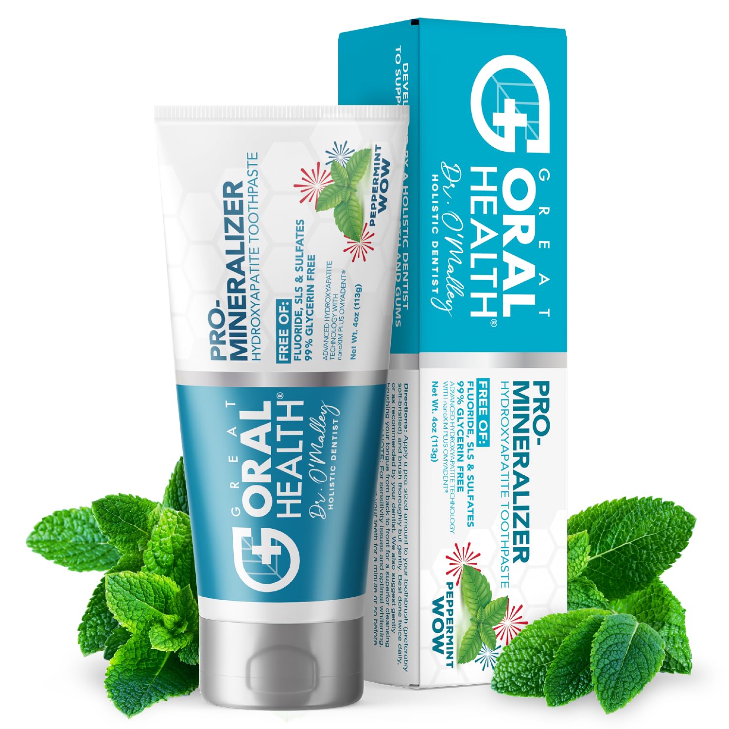 Great Oral Health nano-hydroxyapatite toothpaste tube closeup for enamel repair