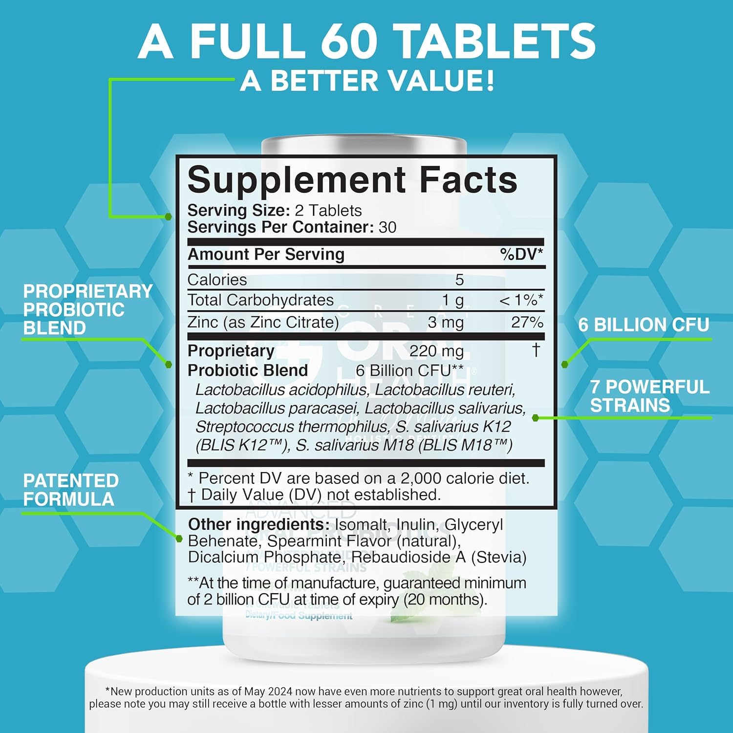 Great Oral Health tablets close-up in mint flavor for easy chewing.