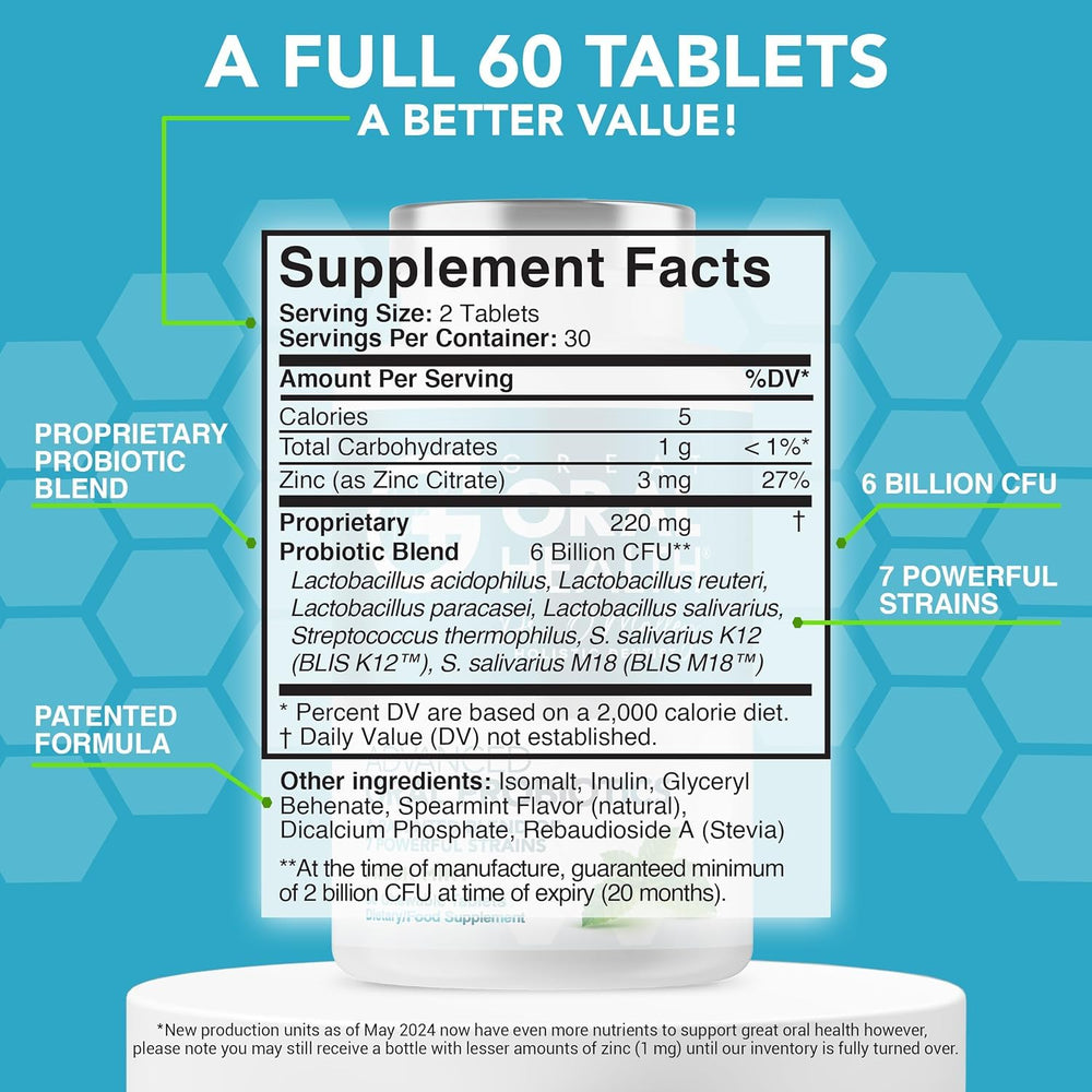 Great Oral Health tablets close-up in mint flavor for easy chewing.