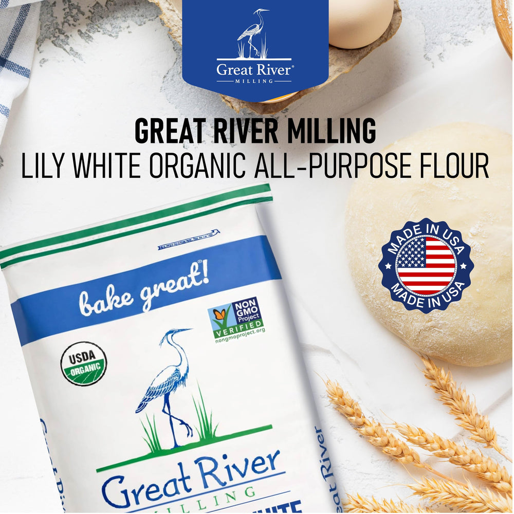 Great River Milling Lily White Flour being poured into bowl for recipes