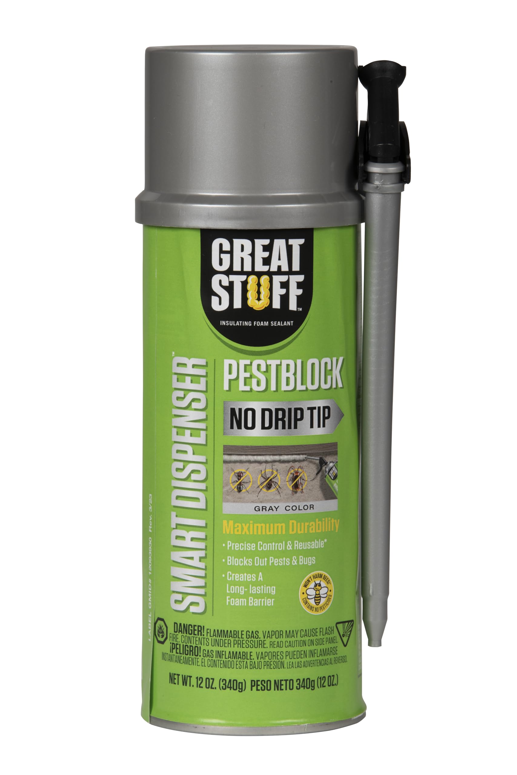 Great Stuff Pestblock gray can close-up shows easy gap sealing.