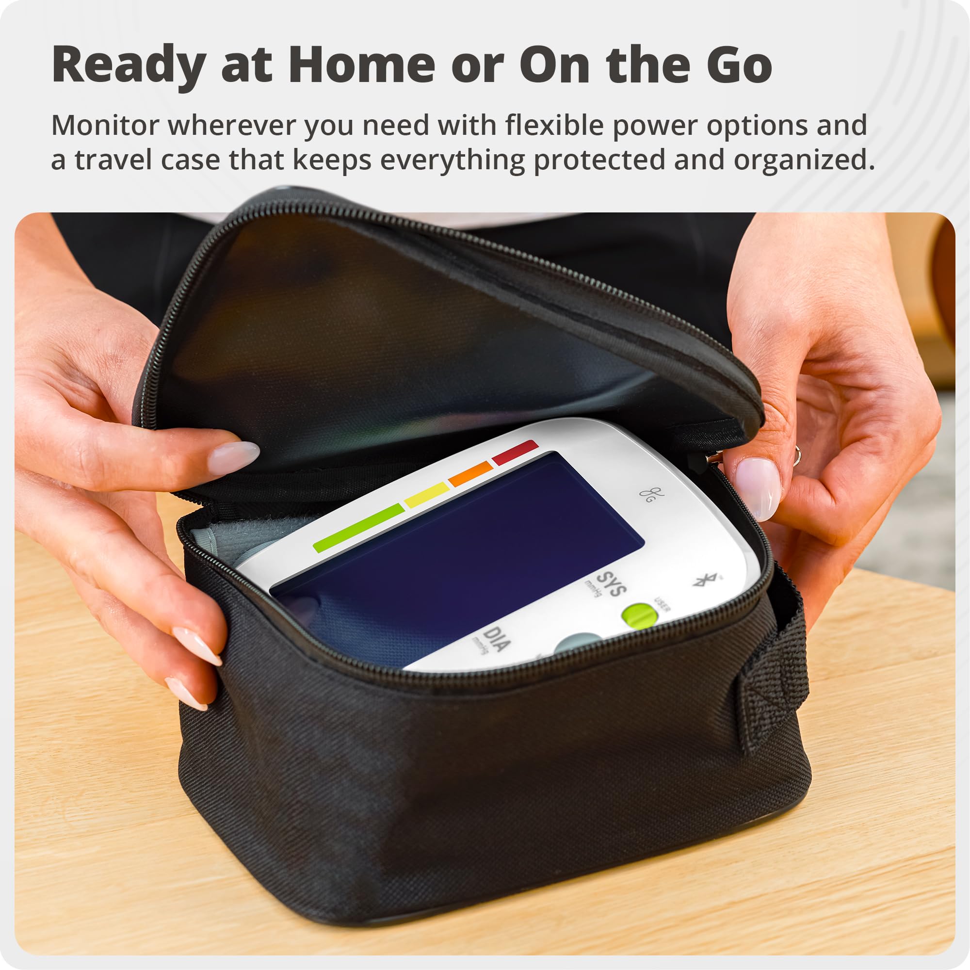 Greater Goods BP Monitor includes batteries and adapter for reliable power