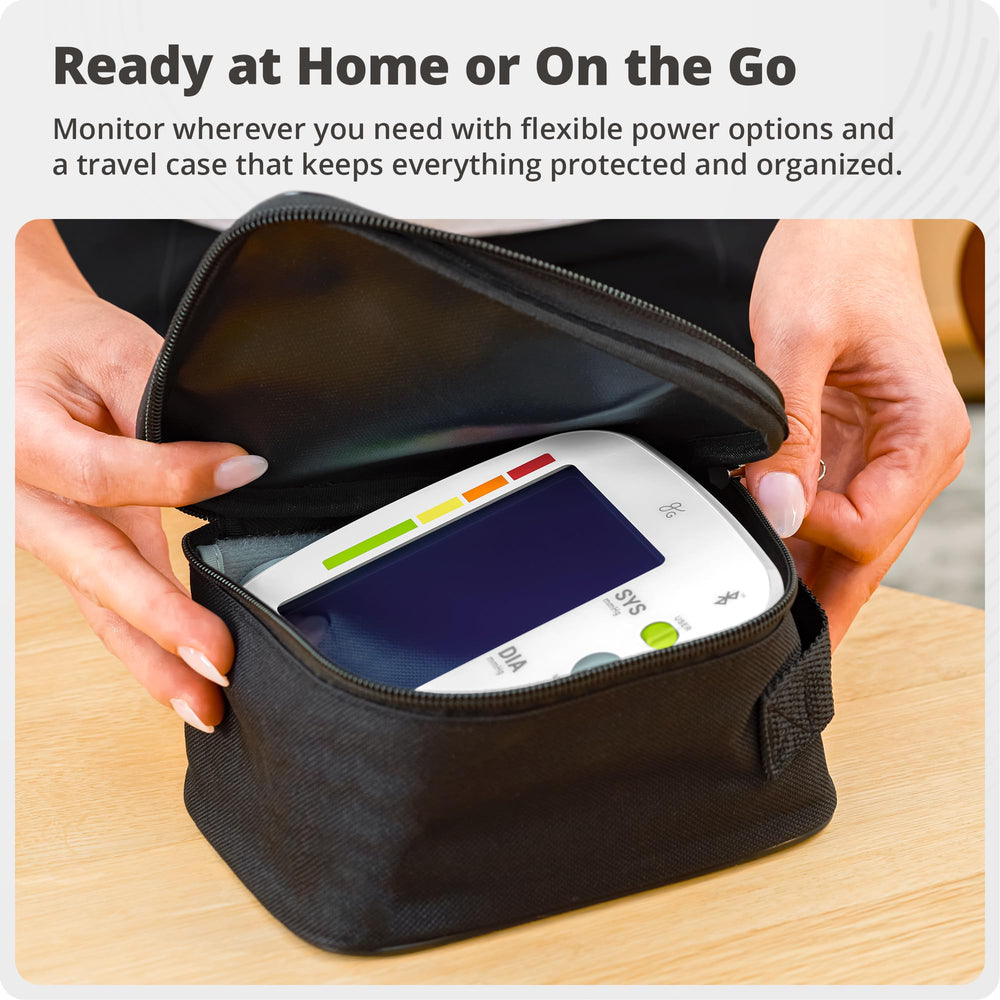 Greater Goods BP Monitor includes batteries and adapter for reliable power