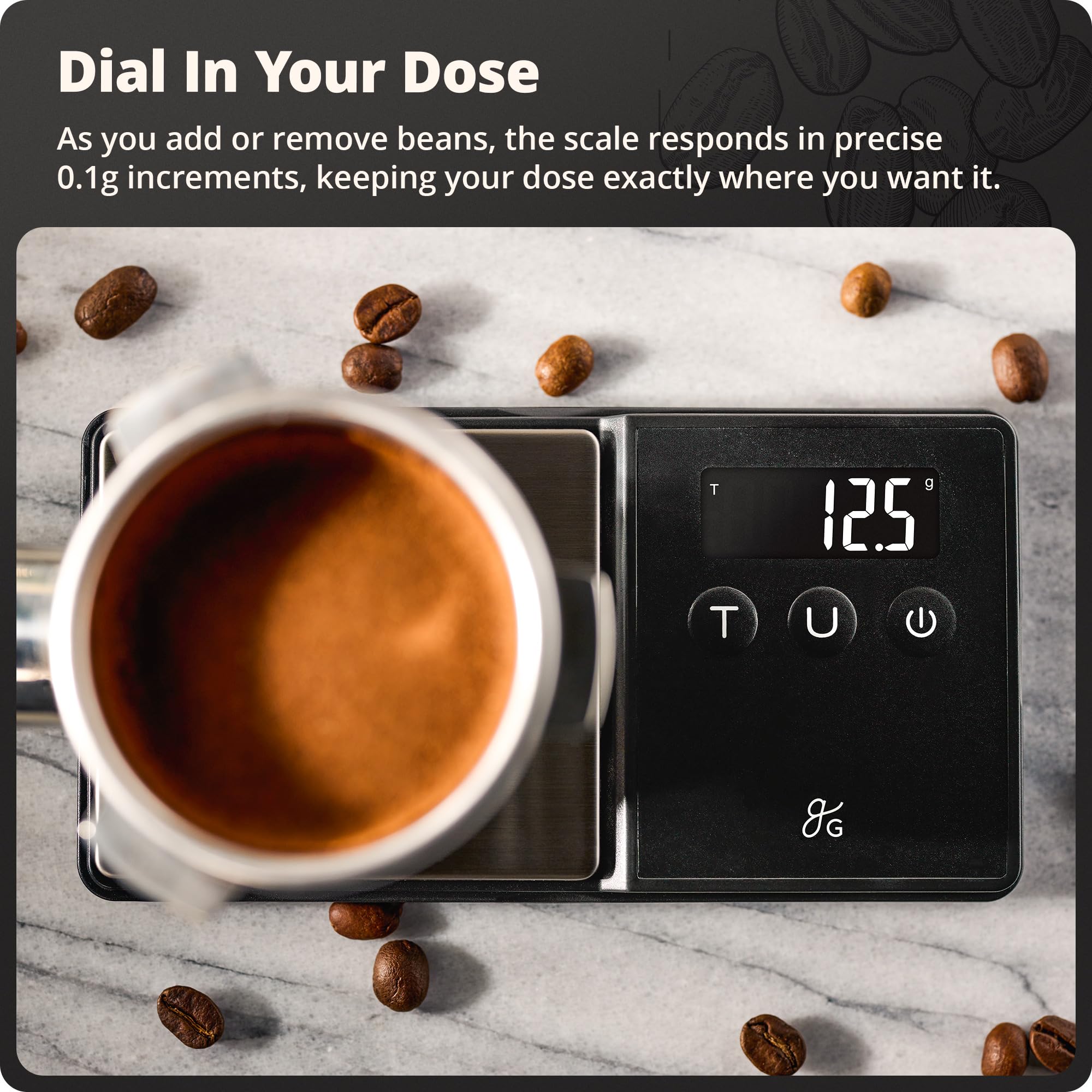 Greater Goods digital espresso scale backlit-screen ensures readability in low light for accurate dosing.