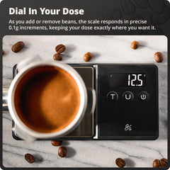 Greater Goods digital espresso scale backlit-screen ensures readability in low light for accurate dosing.
