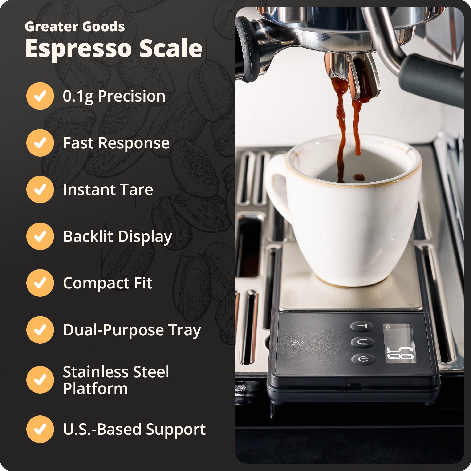 Greater Goods digital espresso scale chrome-sensor close-up highlights precision and durability.