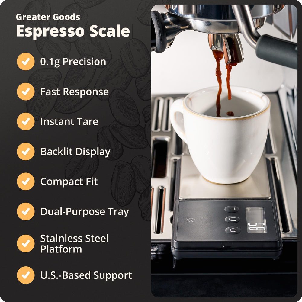 Greater Goods digital espresso scale chrome-sensor close-up highlights precision and durability.