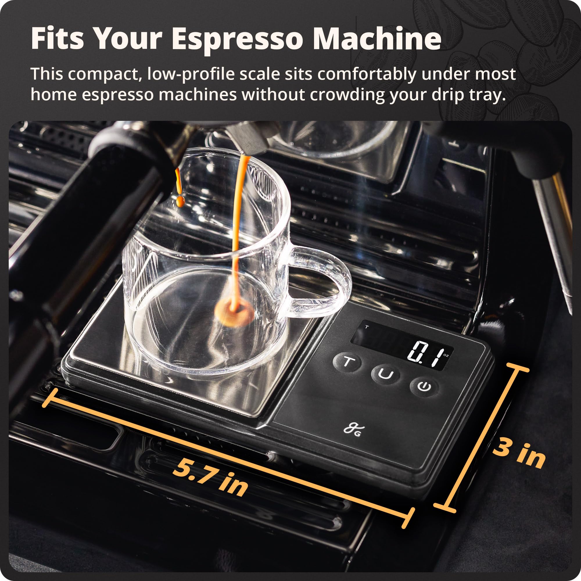 Greater Goods digital espresso scale lid-tray demonstrates extra weighing space for beans and cups.