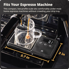 Greater Goods digital espresso scale lid-tray demonstrates extra weighing space for beans and cups.