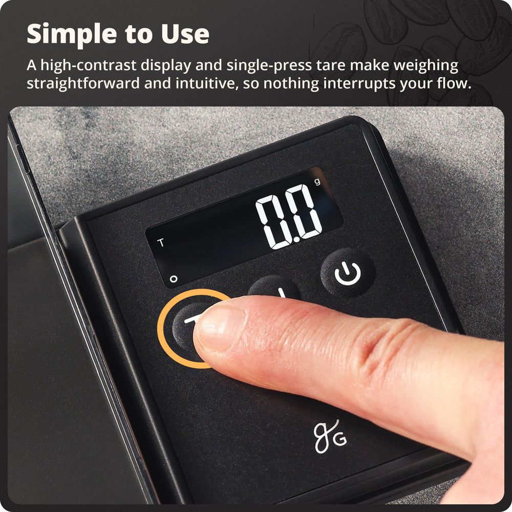 Greater Goods digital espresso scale pocket-size design fits compact counters and travel setups.