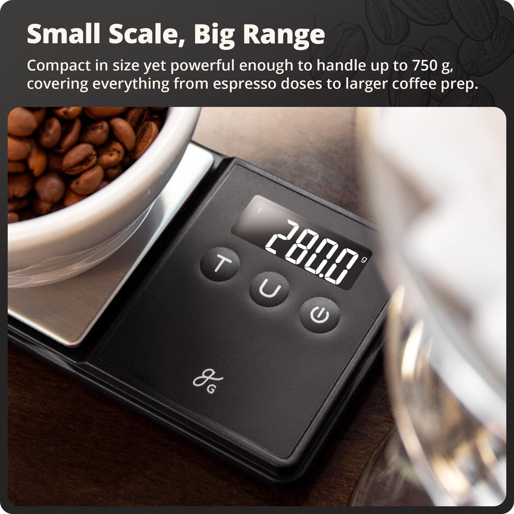 Greater Goods digital espresso scale supports six units including ounces, carats, grains, and more.