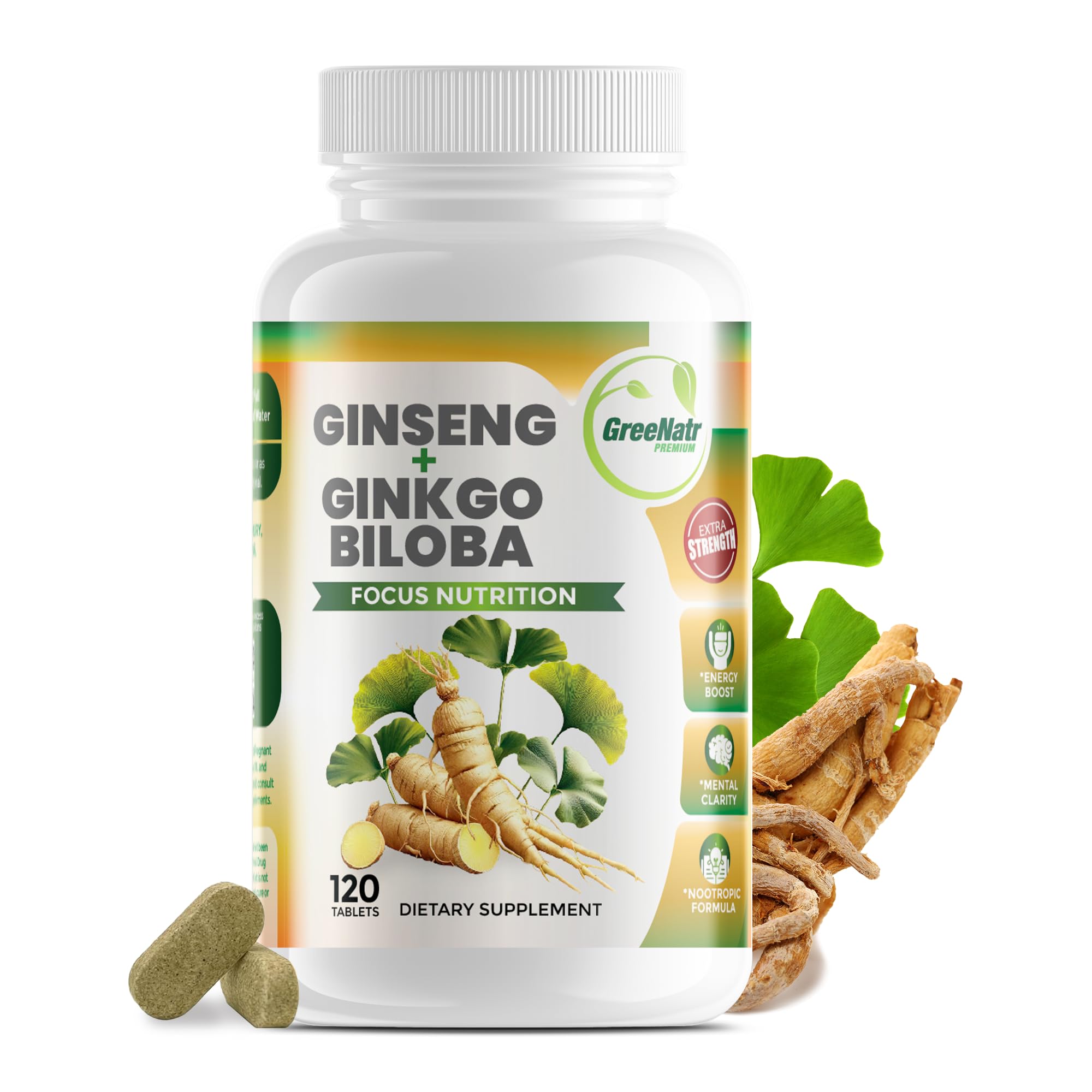 GreeNatr Ginkgo Biloba bottle highlights cognitive support for daily focus.
