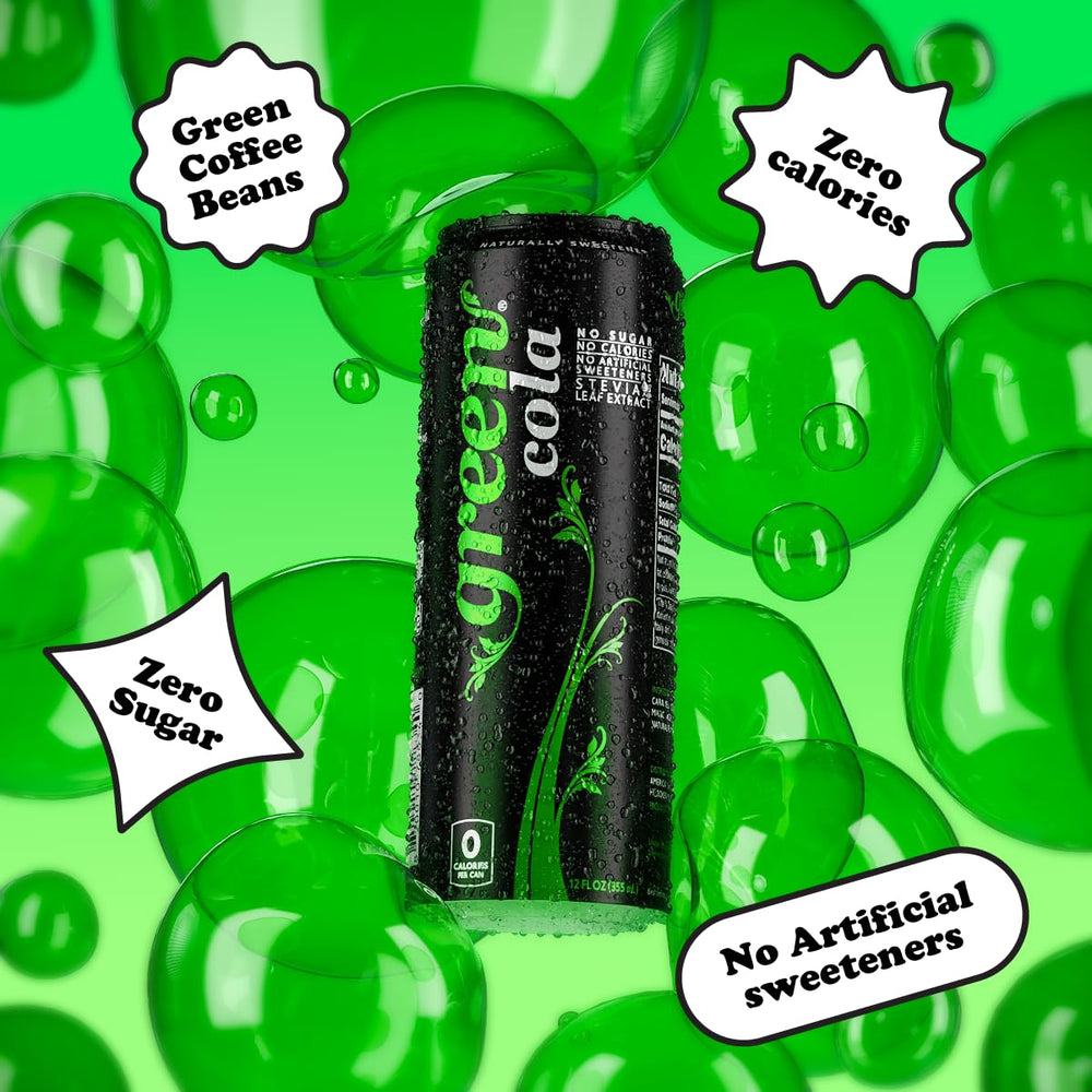 Green Cola glass being poured, crisp flavor with natural caffeine.
