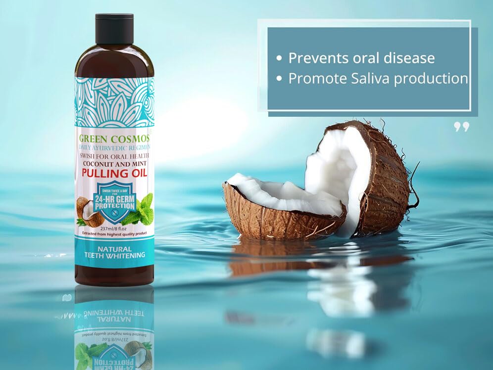 Bathroom setup shows daily routine for healthy gums with Green Cosmos pull oil.