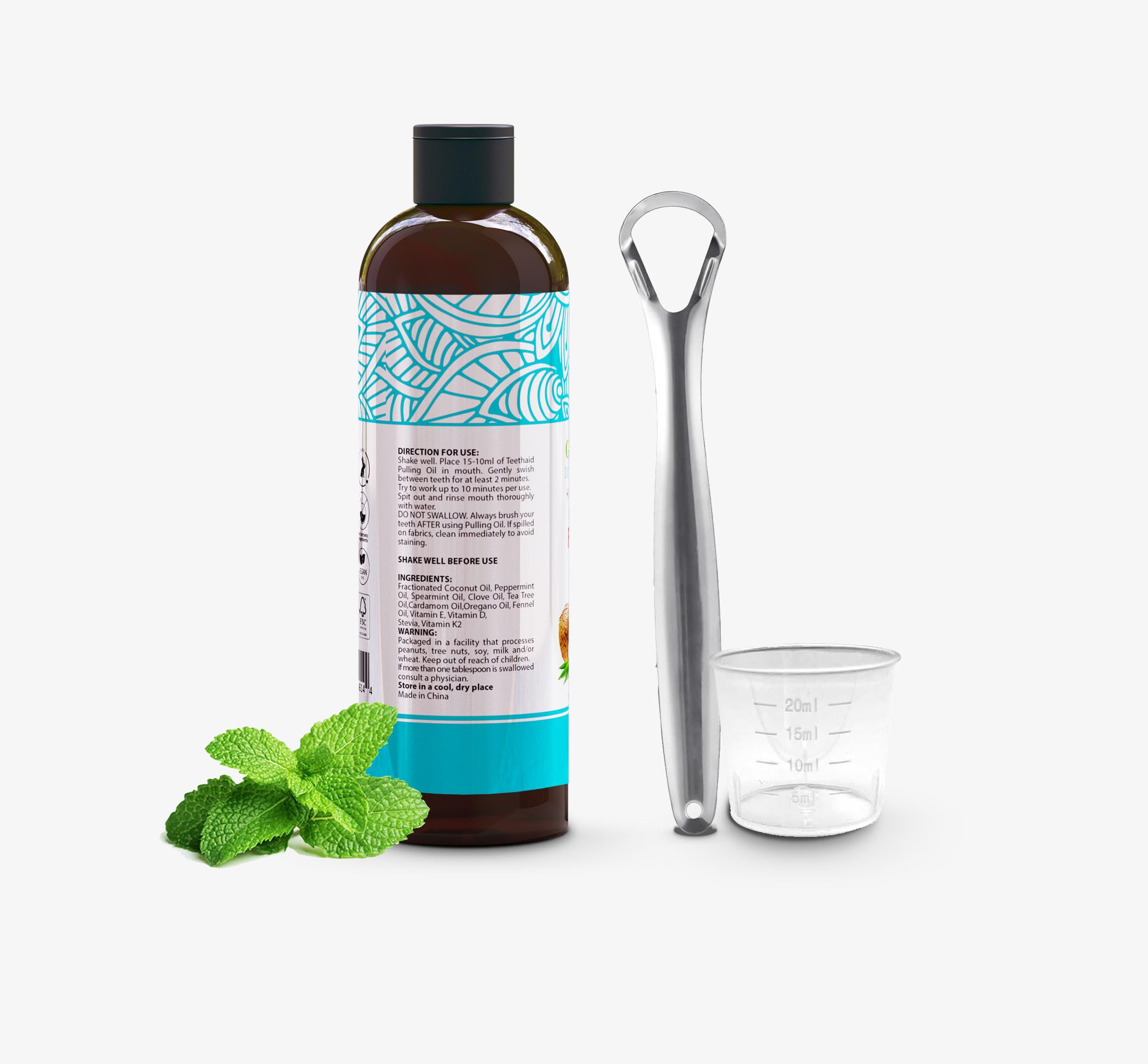 Green Cosmos pulling oil measuring cup shows precise 15ml dose for swish.