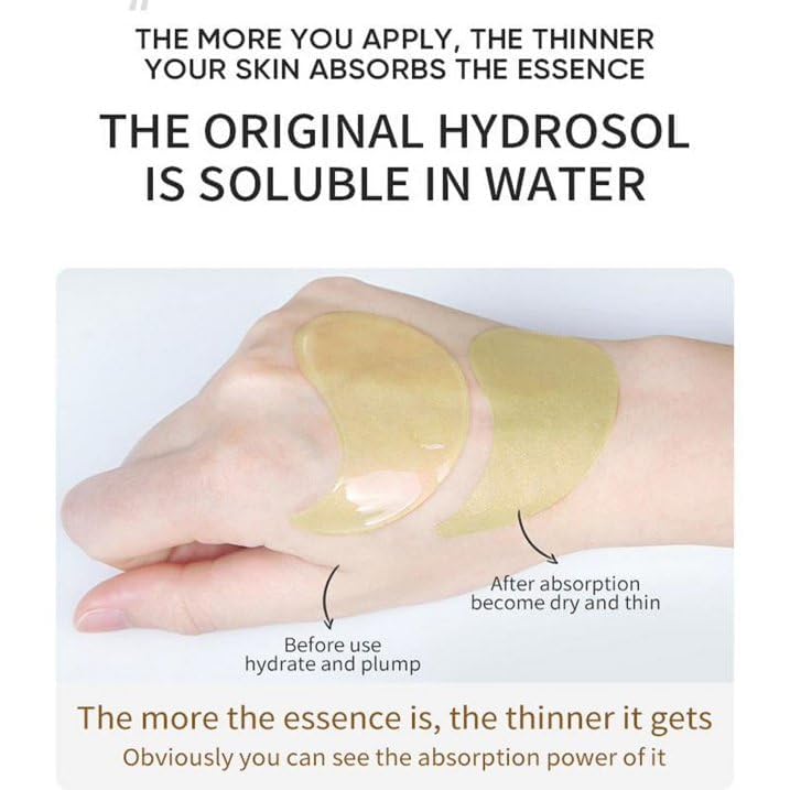 Green Cosmos hydrogel under-eye patches on skin with cooling, soothing sensation.