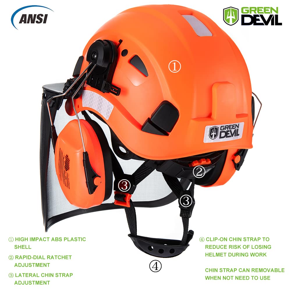 GREEN DEVIL forestry helmet with 6-point suspension enhances comfort.