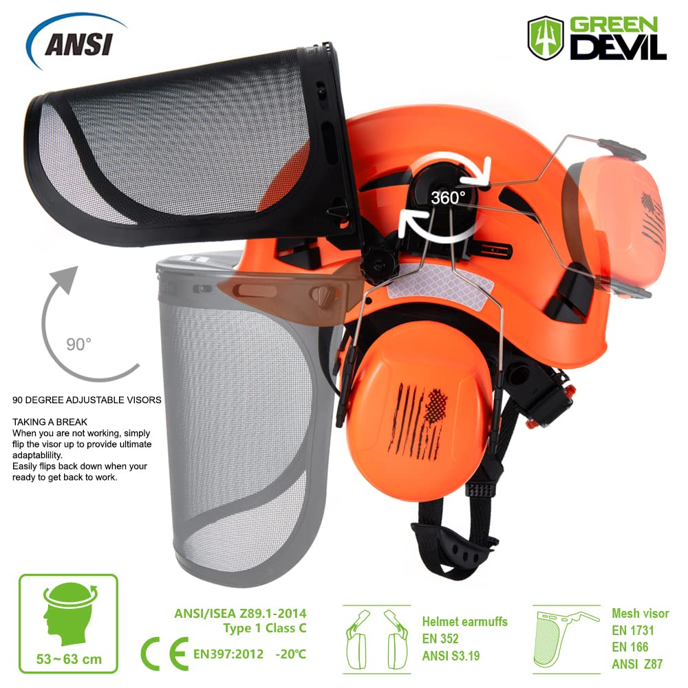 GREEN DEVIL forestry helmet with ear muffs reduces loud noise exposure.