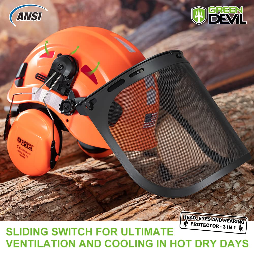 GREEN DEVIL forestry helmet mesh face shield protects eyes from debris.