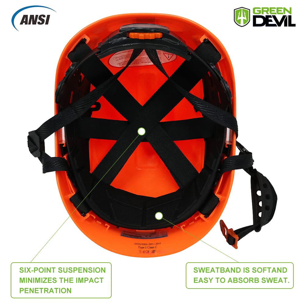 GREEN DEVIL forestry helmet vented design improves airflow during shifts.