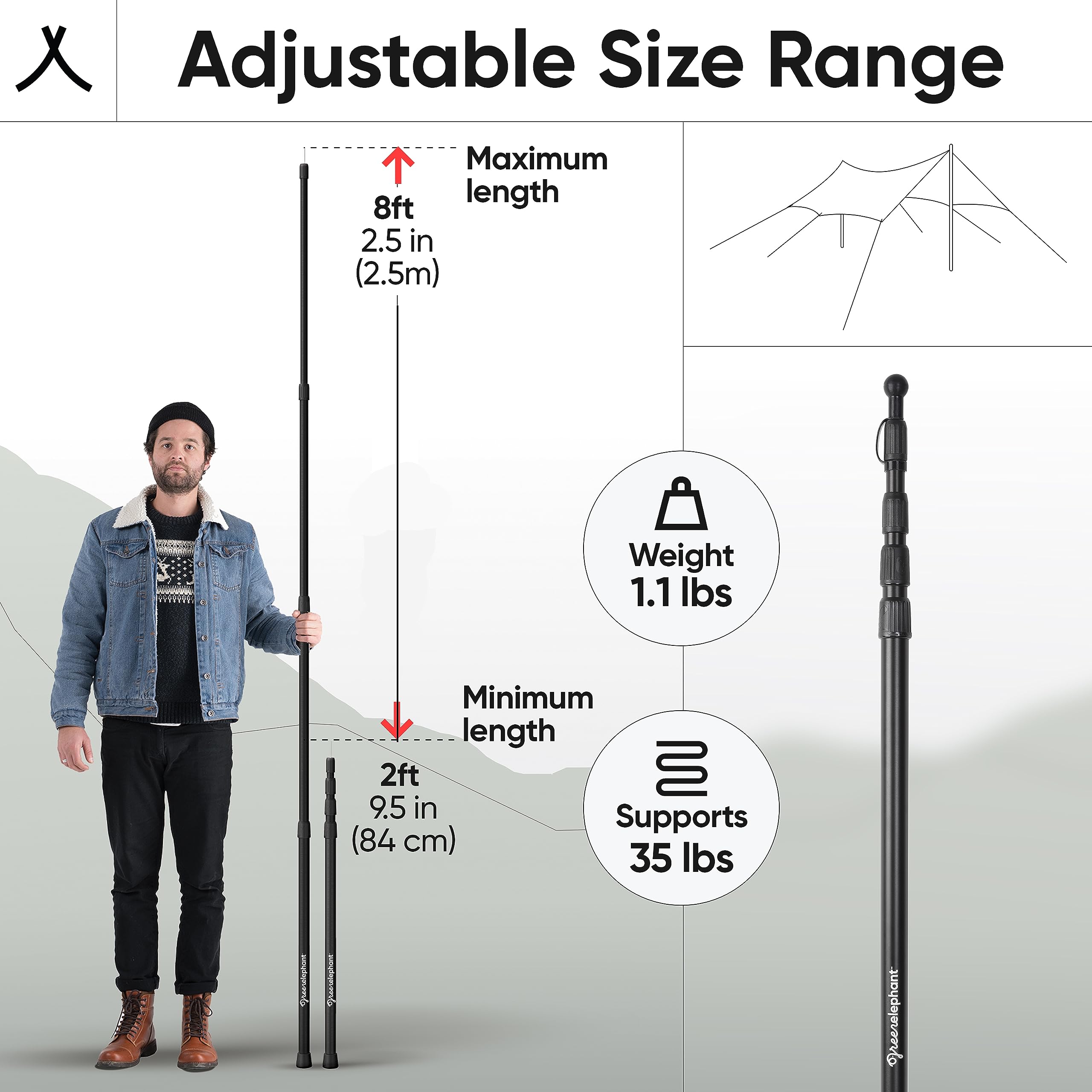 Green Elephant tarp poles collapsed to compact size for easy travel.