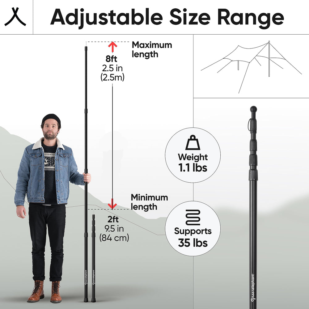 Green Elephant tarp poles collapsed to compact size for easy travel.
