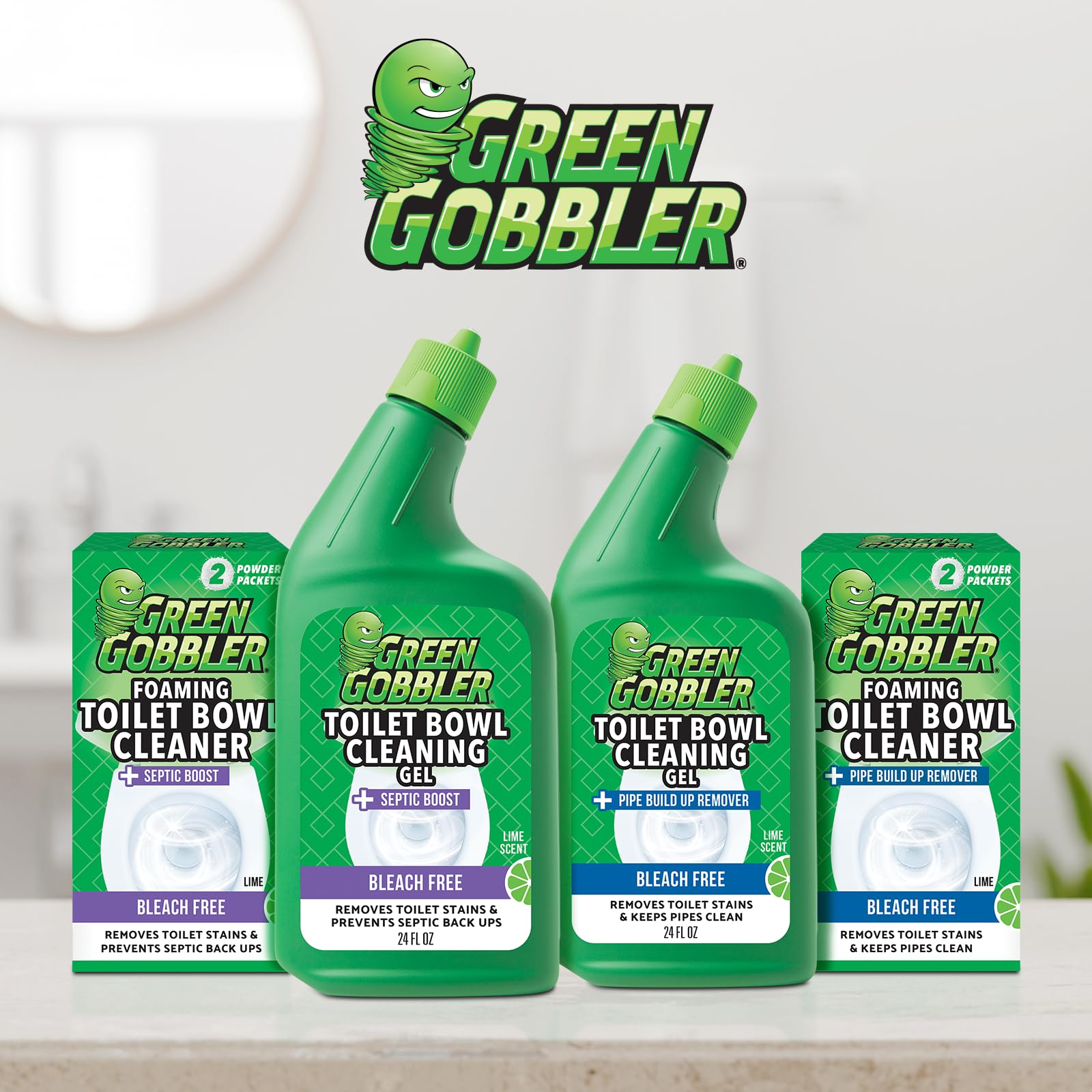 Green Gobbler enhances bathroom cleanliness with long-lasting enzyme action.