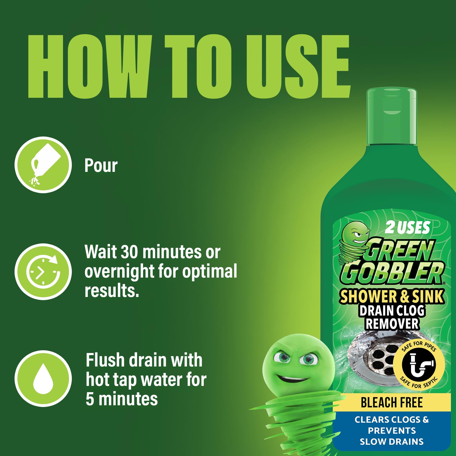 Green Gobbler kitchen sink use clears grease and soap buildup