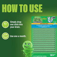 Green Gobbler drain stick in a bathtub drain helping reduce odor buildup.