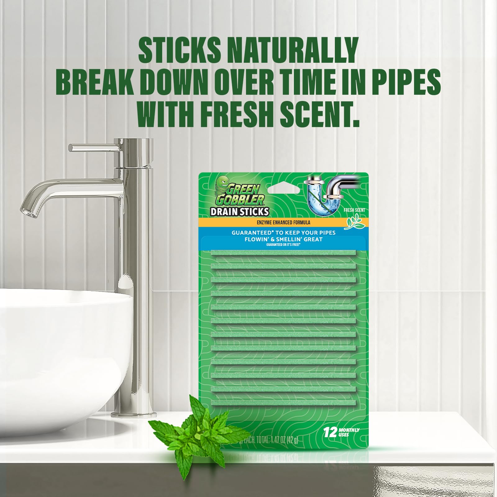 Green Gobbler drain stick in a garbage disposal for backups prevention.