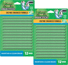Green Gobbler drain stick packaging shown for odor control and ease of use.