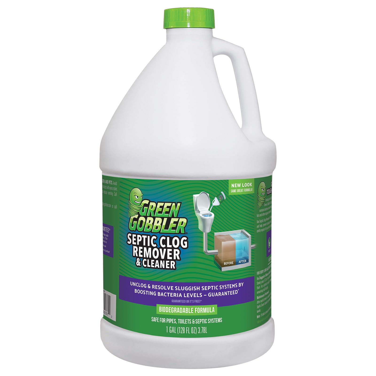 Green Gobbler Emergency Septic Sludge Remover bottle pour showing easy flush use and accessibility.