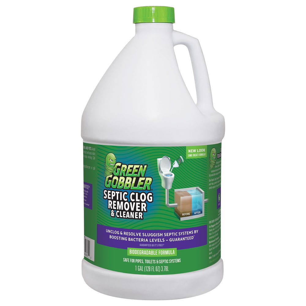 Green Gobbler Emergency Septic Sludge Remover bottle pour showing easy flush use and accessibility.