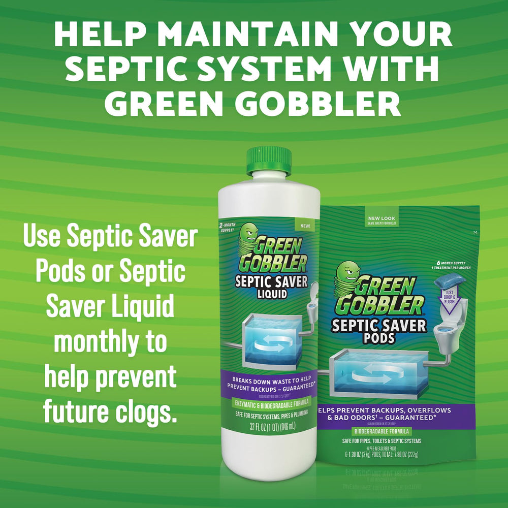 Home-use setup with Green Gobbler bottle ready for routine septic care.