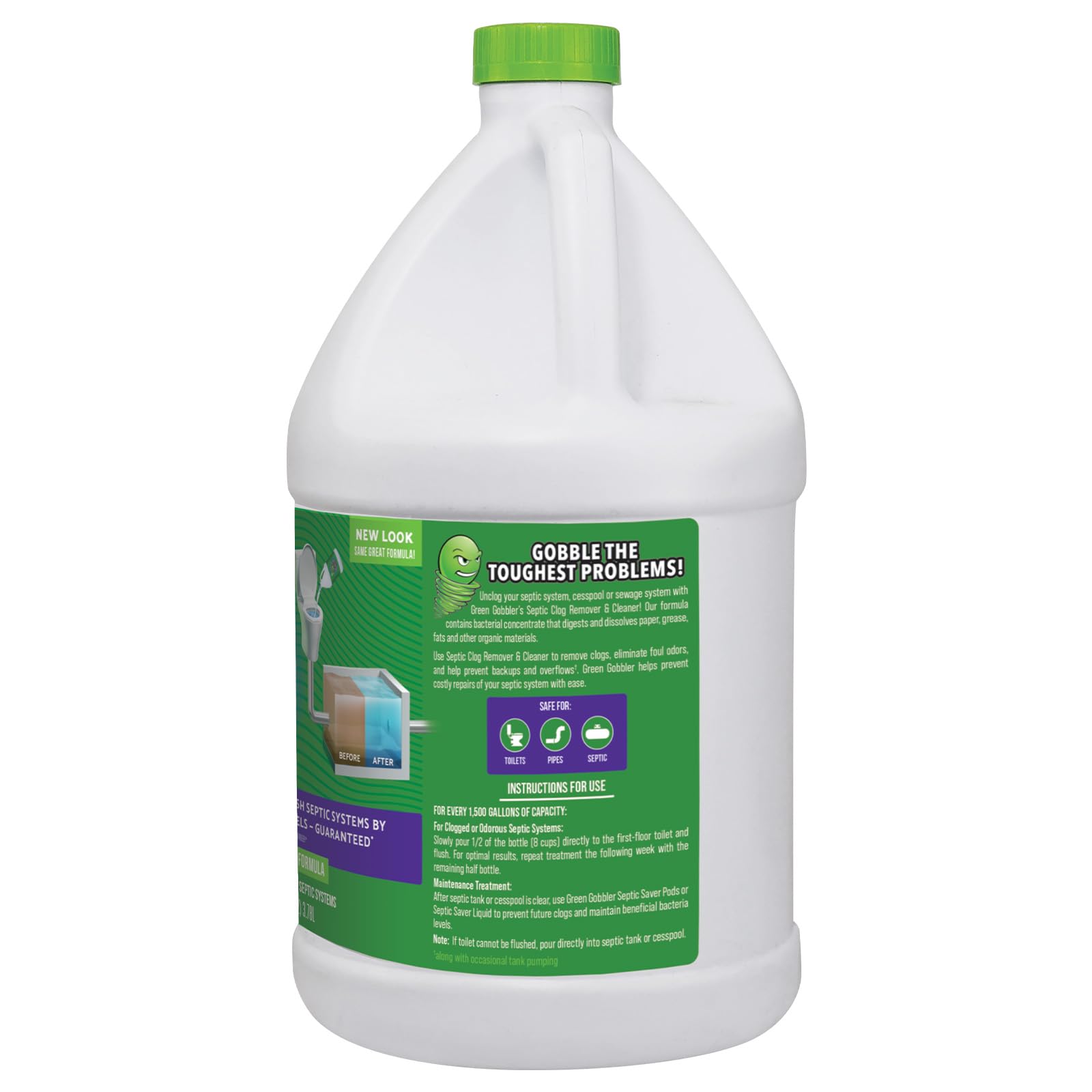 Packaging close-up of Green Gobbler Emergency Septic Sludge Remover with probiotic formula highlighted.