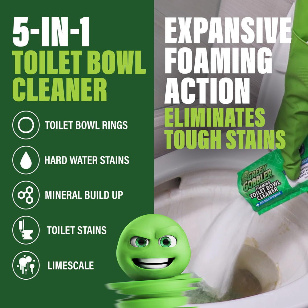 Green Gobbler enzyme-cleaning action penetrates hard-to-reach bowl areas.