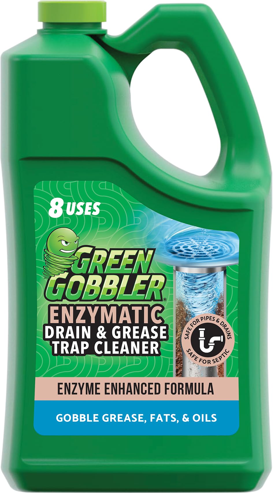 Green Gobbler enzyme drain cleaner bottle pour demonstrates fast cleaning and odor control.