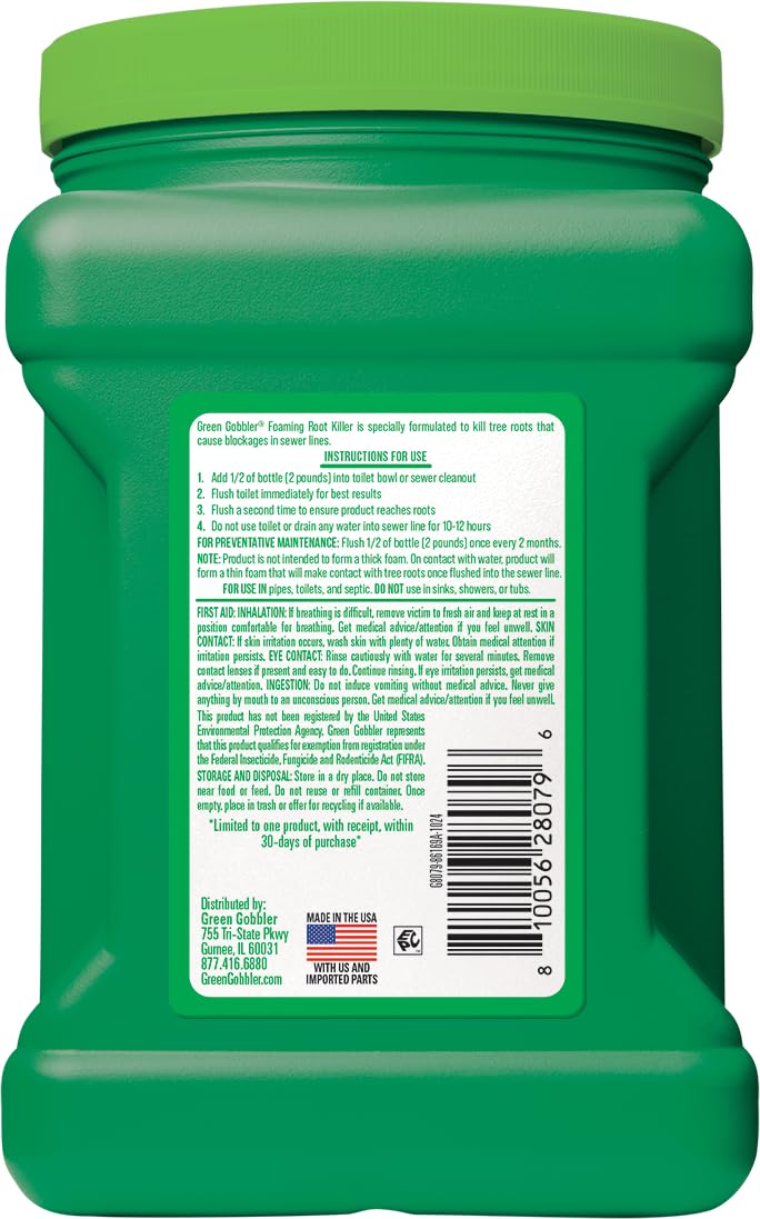 Green Gobbler foaming root killer bottle with foam release demonstrates quick action.
