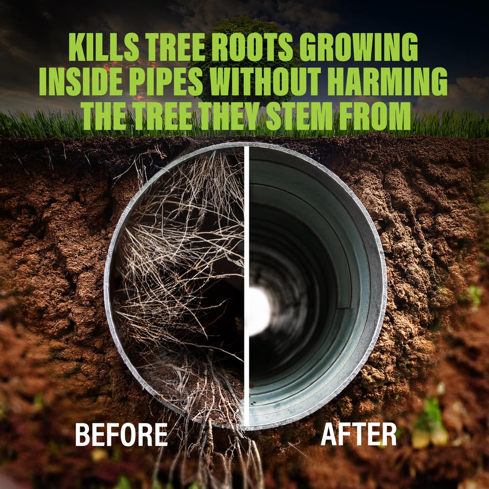 Green Gobbler foaming root killer being poured into a toilet for clog prevention.