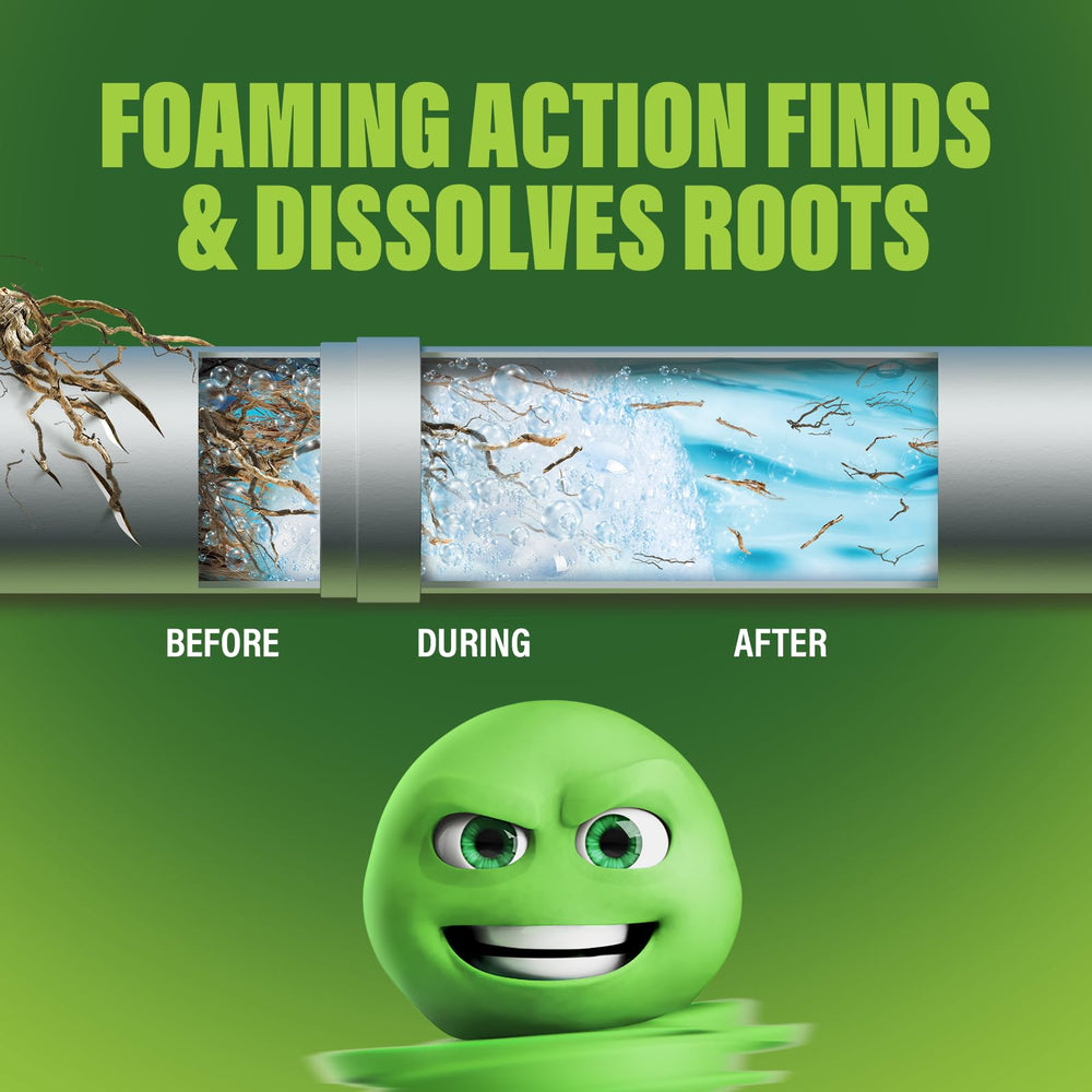 Green Gobbler foaming root killer dissolving root mass in a close-up shot.