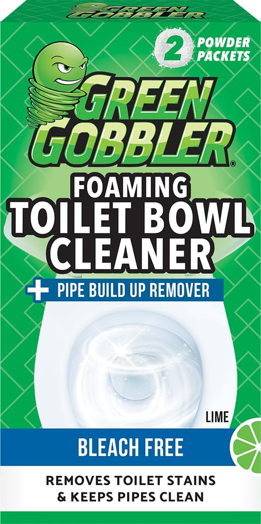 Green Gobbler foaming toilet bowl cleaner removes stains with lime scent.