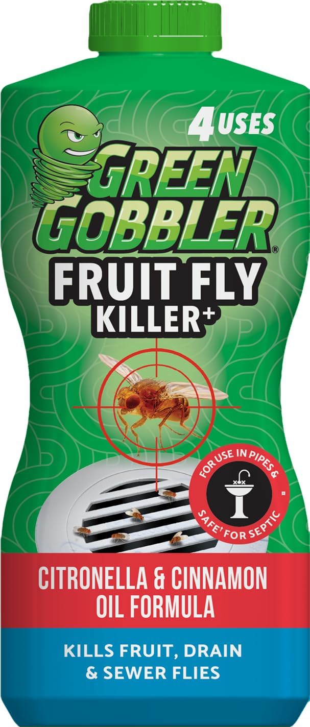 Green Gobbler fruit fly killer gel bottle ready for rapid drain fly control