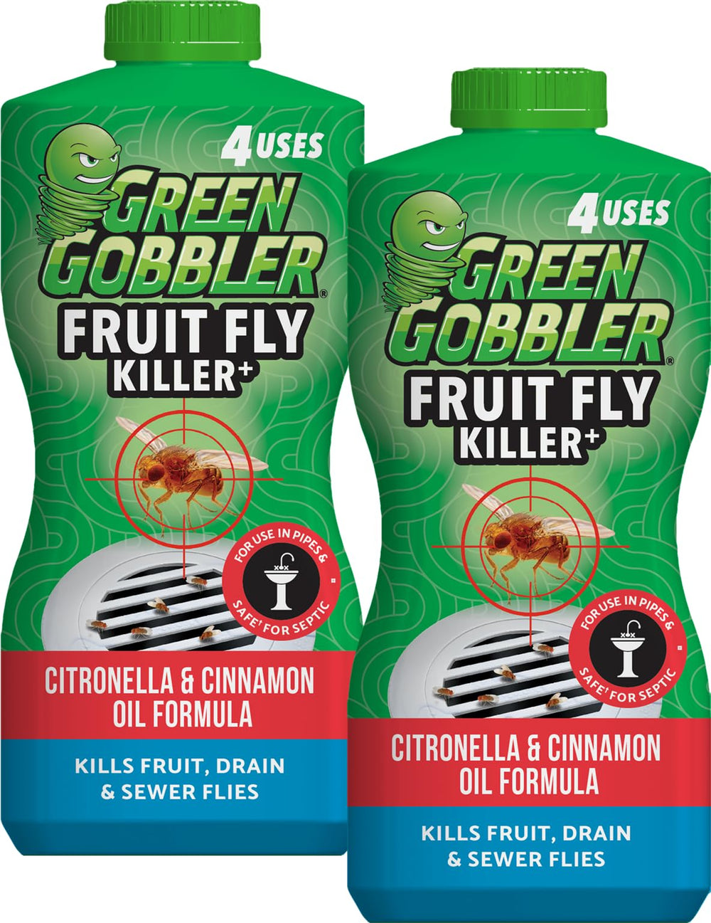 Green Gobbler Fruit Fly Killer Gel dispensing into a sink drain for quick control