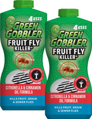 Green Gobbler Fruit Fly Killer Gel dispensing into a sink drain for quick control