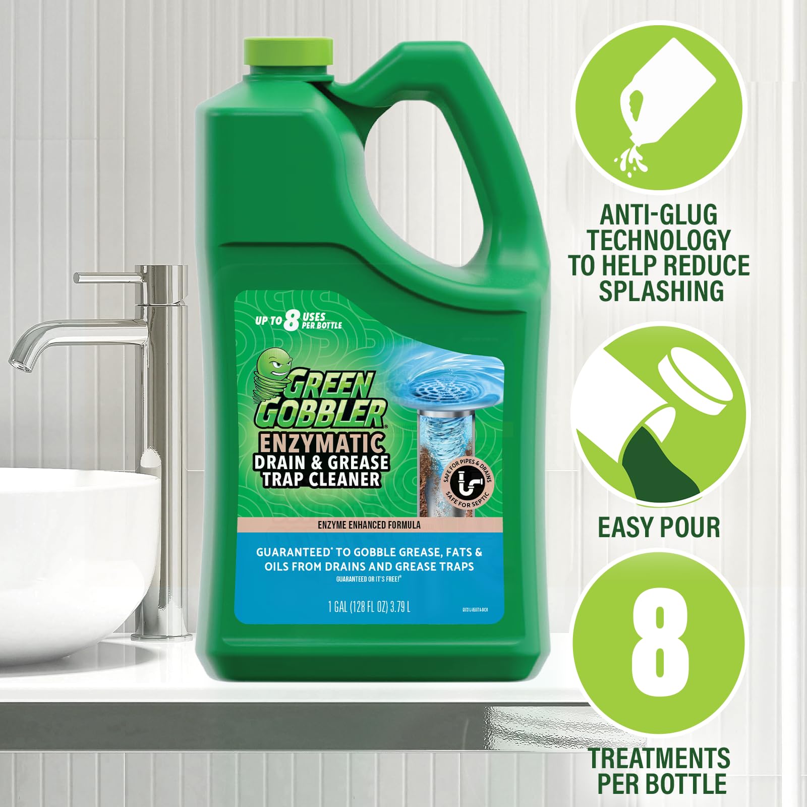 Green Gobbler odor elimination supports fresh drains in kitchens and bathrooms.