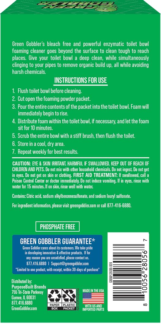 Green Gobbler pipe build-up remover targets organic deposits inside pipes for smoother flow.
