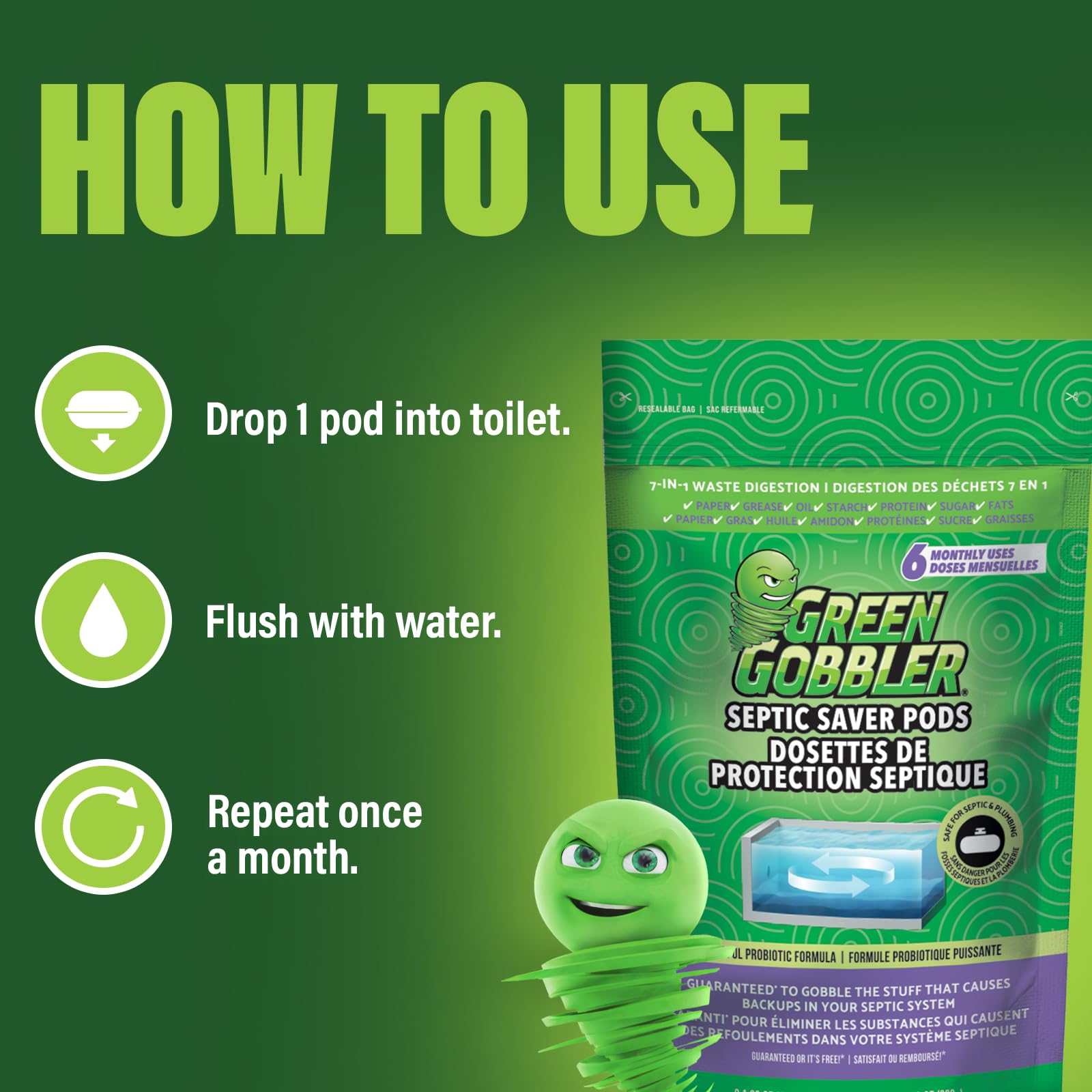 Septic Saver pack label highlights six months of treatment.