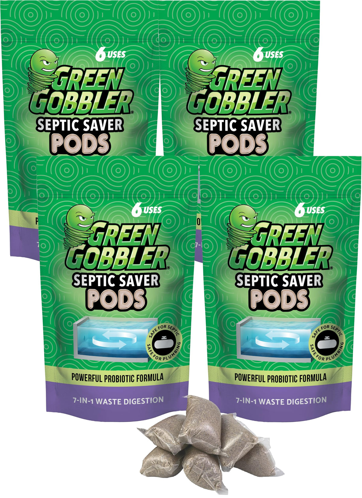 Green Gobbler Septic Saver packets packaging showing six-month supply for prevention.