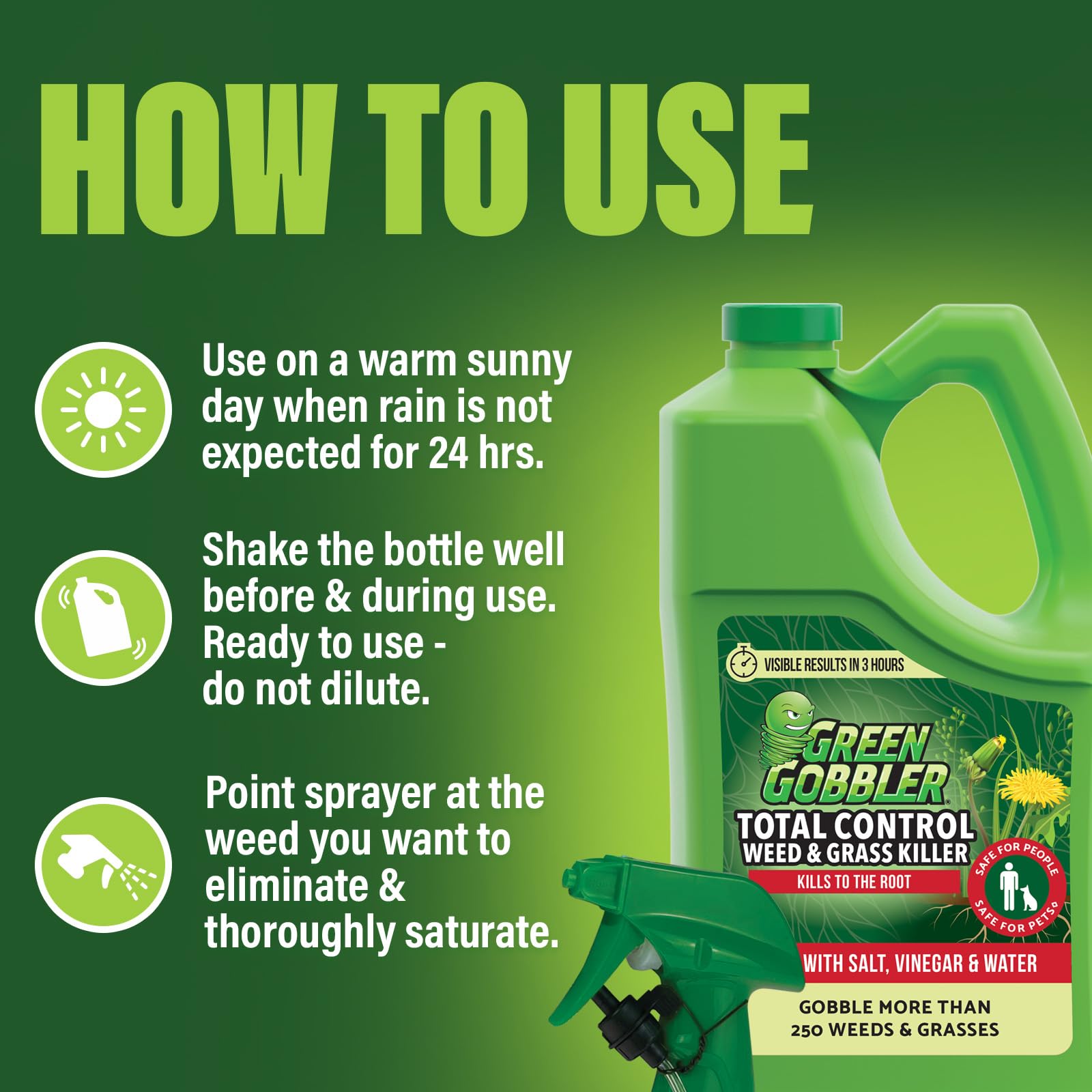 Green Gobbler Total Control side label highlights organic use eligibility and directions.